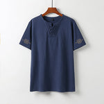 Buddha Stones Summer V-Neck Frog-Button Short Sleeve Clouds Embroidery Cotton Linen Men's Shirt