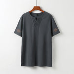 Buddha Stones Summer V-Neck Frog-Button Short Sleeve Clouds Embroidery Cotton Linen Men's Shirt