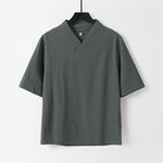 Buddha Stones Summer Simple V-Neck Short Sleeve Cotton Linen Men's Shirt