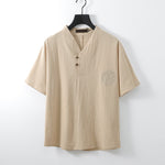 Buddha Stones Summer V-Neck Button Short Sleeve Clouds Embroidery Cotton Linen Men's Shirt