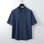 Buddha Stones Summer V-Neck Button Short Sleeve Clouds Embroidery Cotton Linen Men's Shirt