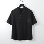 Buddha Stones Summer V-Neck Button Short Sleeve Clouds Embroidery Cotton Linen Men's Shirt