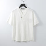 Buddha Stones Summer V-Neck Button Short Sleeve Clouds Embroidery Cotton Linen Men's Shirt