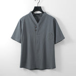 Buddha Stones Summer V-Neck Button Short Sleeve Clouds Embroidery Cotton Linen Men's Shirt