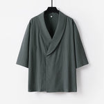 Buddha Stones Summer V-Neck Lapel Half Sleeve Cotton Linen Men's Shirt