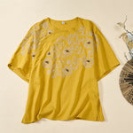 Buddha Stones Casual Floral Pattern Crew Neck Women's Cotton T-shirt