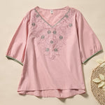 Buddha Stones Casual Floral Leaf Pattern V-Neck Women's Polyester Short Sleeve T-shirt