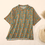 Buddha Stones Summer  Frog-Button Stand Collar Short Sleeve Flower Pattern Women's  Shirt