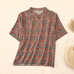 Buddha Stones Summer  Frog-Button Stand Collar Short Sleeve Flower Pattern Women's  Shirt