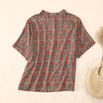 Buddha Stones Summer  Frog-Button Stand Collar Short Sleeve Flower Pattern Women's  Shirt