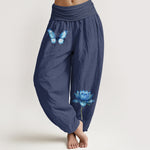 Buddha Stones Pure Cotton Dreamy Butterfly Lotus Pattern Women's Elastic Waist Harem Pants