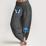 Buddha Stones Pure Cotton Dreamy Butterfly Lotus Pattern Women's Elastic Waist Harem Pants