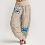Buddha Stones Pure Cotton Dreamy Butterfly Lotus Pattern Women's Elastic Waist Harem Pants