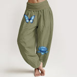Buddha Stones Pure Cotton Dreamy Butterfly Lotus Pattern Women's Elastic Waist Harem Pants