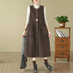 Buddha Stones Fall Retro Buttons Design Corduroy Sleeveless Midi Dress With Pockets