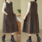 Buddha Stones Fall Retro Buttons Design Corduroy Sleeveless Midi Dress With Pockets