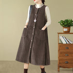 Buddha Stones Fall Retro Buttons Design Corduroy Sleeveless Midi Dress With Pockets