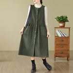 Buddha Stones Fall Retro Buttons Design Corduroy Sleeveless Midi Dress With Pockets