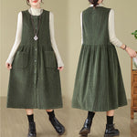 Buddha Stones Fall Retro Buttons Design Corduroy Sleeveless Midi Dress With Pockets