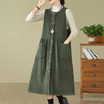 Buddha Stones Fall Retro Buttons Design Corduroy Sleeveless Midi Dress With Pockets
