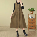 Buddha Stones Fall Retro Buttons Design Corduroy Sleeveless Midi Dress With Pockets