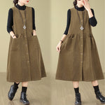 Buddha Stones Fall Retro Buttons Design Corduroy Sleeveless Midi Dress With Pockets