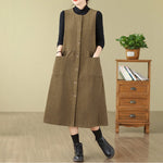 Buddha Stones Fall Retro Buttons Design Corduroy Sleeveless Midi Dress With Pockets