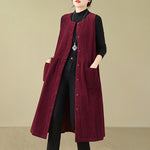 Buddha Stones Fall Retro Buttons Design Corduroy Sleeveless Midi Dress With Pockets