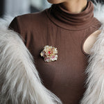 Buddha Stones Peony Flower Prosperity Copper Brooch