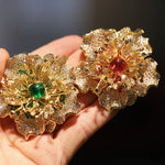 Buddha Stones Peony Flower Prosperity Copper Brooch