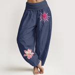 Buddha Stones Cotton Lotus Flower Sun Pattern Women's Elastic Waist Harem Pants