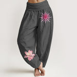 Buddha Stones Cotton Lotus Flower Sun Pattern Women's Elastic Waist Harem Pants