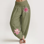 Buddha Stones Cotton Lotus Flower Sun Pattern Women's Elastic Waist Harem Pants