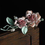Buddha Stones Handcrafted Silk Art Twin Rose Flower Blessing Harmony Brooch