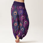 Buddha Stones Peacock Feathers Pattern Pure Cotton Women's Elastic Waist Harem Pants
