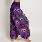 Buddha Stones Peacock Feathers Pattern Pure Cotton Women's Elastic Waist Harem Pants