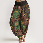 Buddha Stones Peacock Feathers Pattern Pure Cotton Women's Elastic Waist Harem Pants