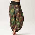 Buddha Stones Peacock Feathers Pattern Pure Cotton Women's Elastic Waist Harem Pants