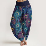 Buddha Stones Peacock Feathers Pattern Pure Cotton Women's Elastic Waist Harem Pants
