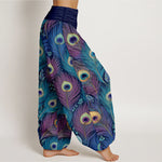 Buddha Stones Peacock Feathers Pattern Pure Cotton Women's Elastic Waist Harem Pants