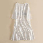 Buddha Stones Embroidery Geometry Half Sleeve Women's Midi Dress With Pockets