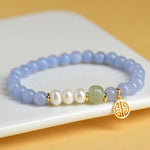 Buddha Stones Blue Chalcedony Pearl Beads Energy Bracelet