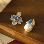 Buddha Stones Camellia Flower Zircon Copper Luck Stud Earrings
