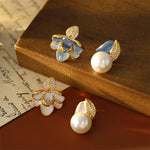 Buddha Stones Camellia Flower Zircon Copper Luck Stud Earrings