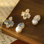 Buddha Stones Camellia Flower Zircon Copper Luck Stud Earrings