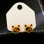 Buddha Stones Turquoise Tiger Eye Cat Head Design Copper Protection Stud Earrings
