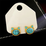 Buddha Stones Turquoise Tiger Eye Cat Head Design Copper Protection Stud Earrings