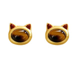 Buddha Stones Turquoise Tiger Eye Cat Head Design Copper Protection Stud Earrings