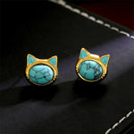 Buddha Stones Turquoise Tiger Eye Cat Head Design Copper Protection Stud Earrings
