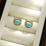 Buddha Stones Turquoise Tiger Eye Cat Head Design Copper Protection Stud Earrings